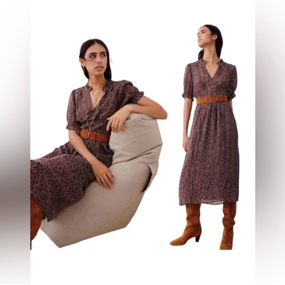 Ba&Sh Pally Midi Dress Ditsy Floral Pattern Ruffled Short Sleeve V Neck Brown 4